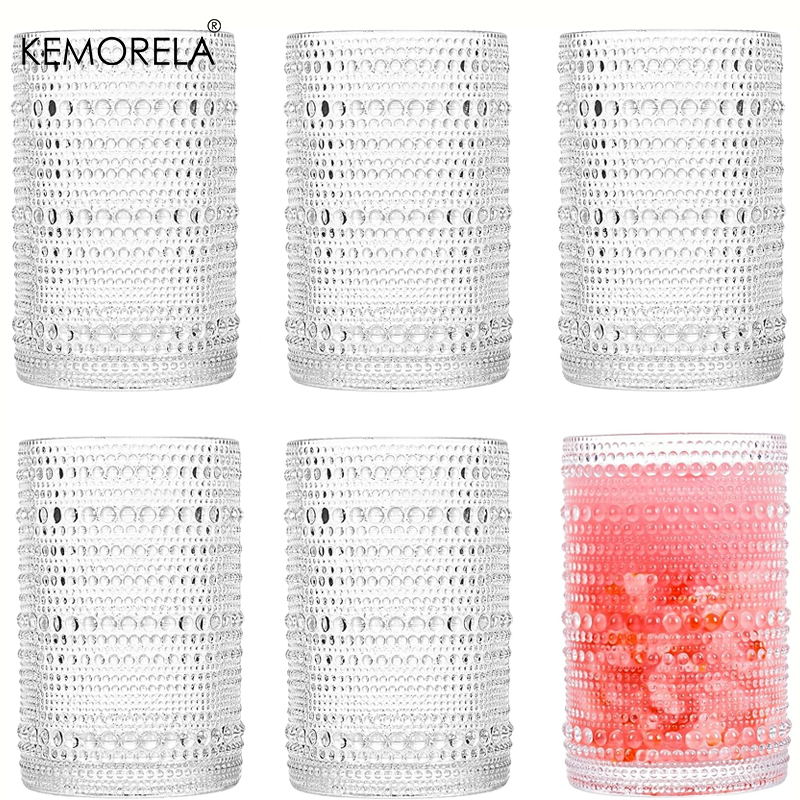 Highball Glass Set - 15oz Hobnail Drinking Glasses with Straws