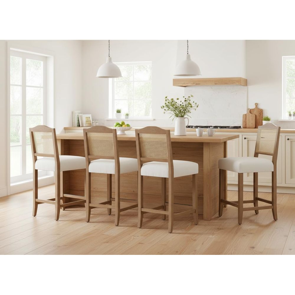 Set of 4 Linen Beige Cane Back - Home Bar Stools review and price