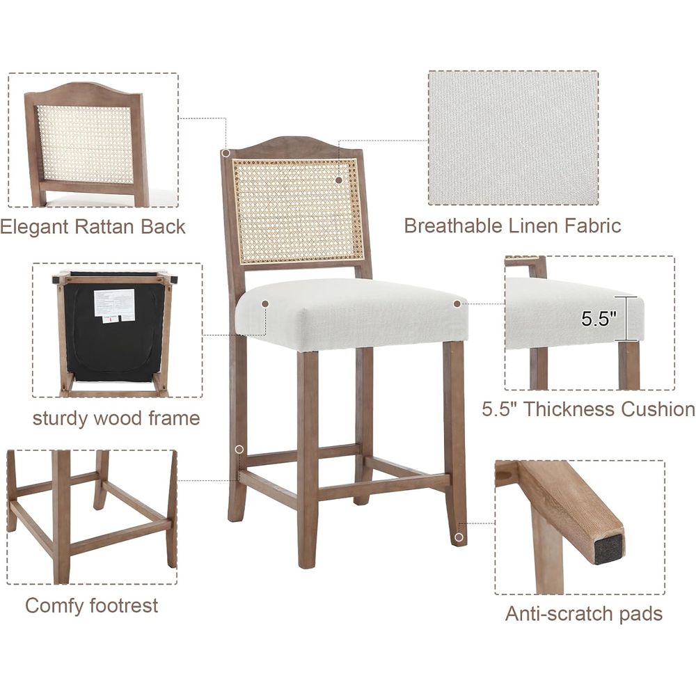 Set of 4 Linen Beige Cane Back - Home Bar Stools review and price